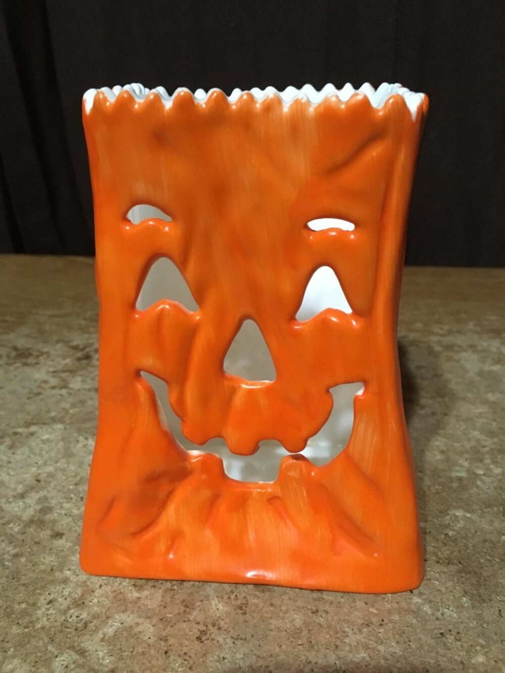 SILVESTRI HALLOWEEN CERAMIC BAG JACK-O-LANTERN CANDLE HOLDER 5.5"